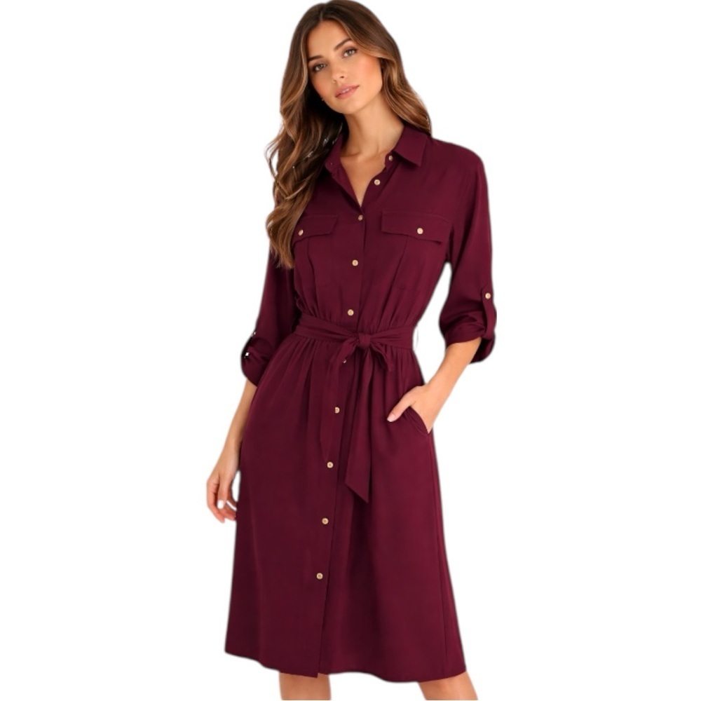 Promesa Burgundy Utility Shirt Dress Belted Button Front Size S